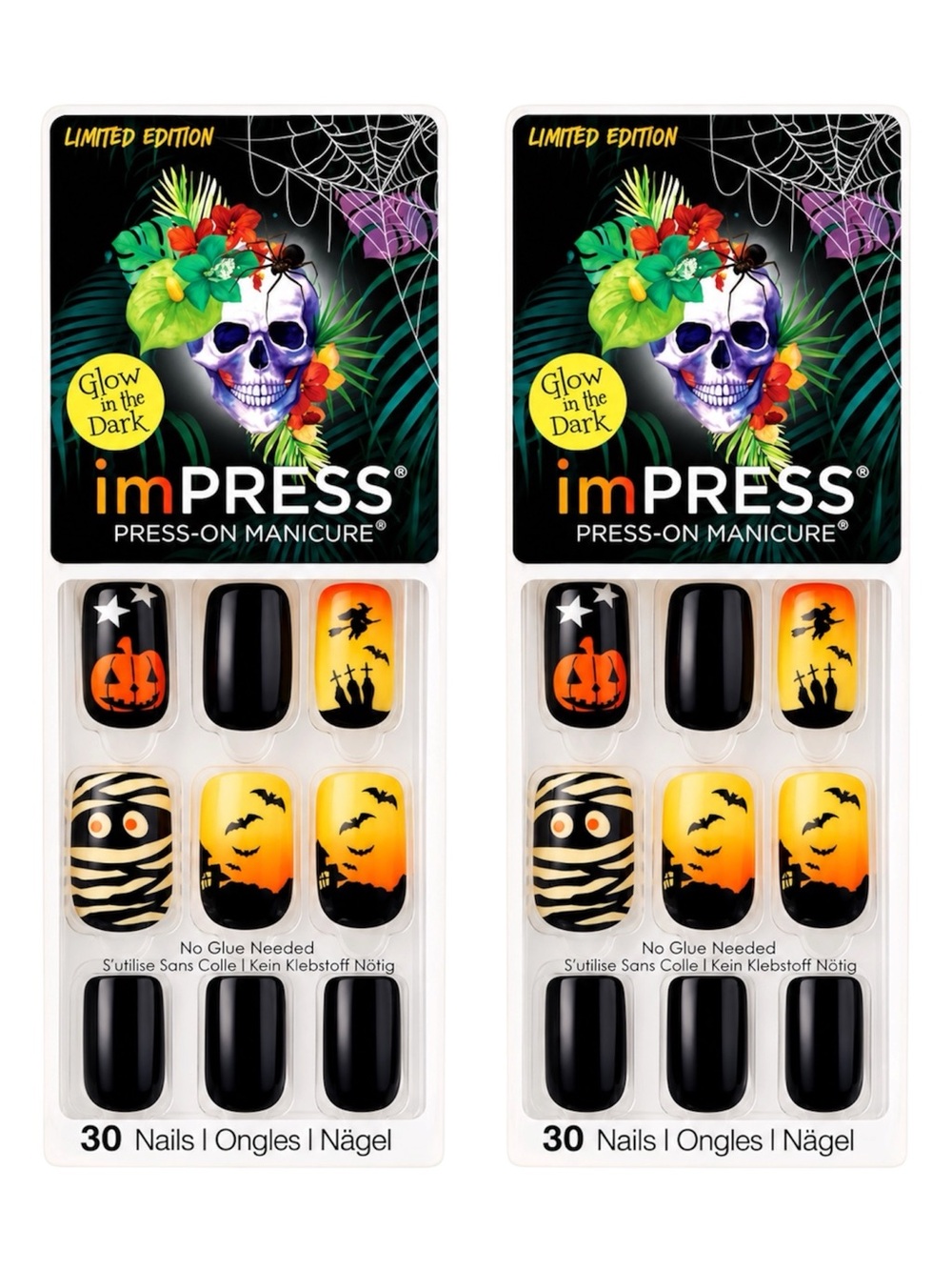 KISS IMPRESS PRESS-ON DEVILISH 30 NAILS+ACCENT HALLOWEEN GLOW IN DARK X2